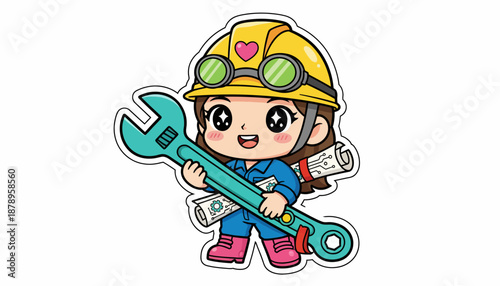 Cute cartoon female engineer with a wrench and blueprints, wearing a hard hat and goggles.