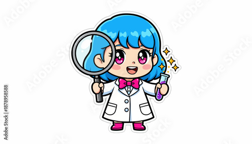 Cute cartoon scientist girl with blue hair holding a magnifying glass and a test tube.