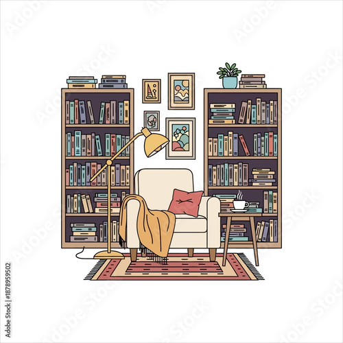 Cozy armchair with blanket and lamp between bookshelves in warm home library