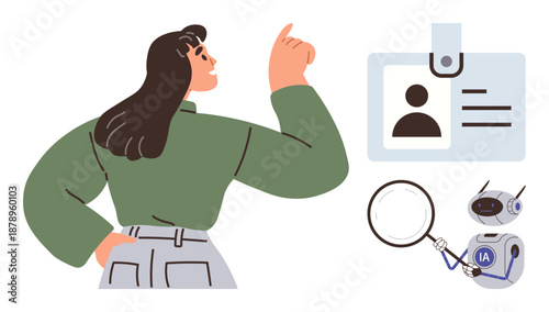 Female pointing at ID badge, magnifying glass, robotic assistant, and AI robot. Ideal for identity, technology, AI, security access research and innovation concepts. Simple flat metaphor