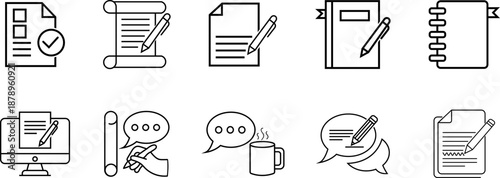 A set of icons depicting various document and communication related items in simple line art style on a white background high-quality professional