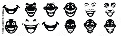 Set of silly grin pop silhouette art. Funny large pack of vector silhouette design and isolated on white background