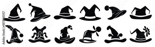 Set of silly hat silhouette art. Funny large pack of vector silhouette design and isolated on white background