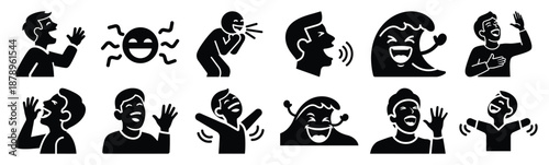 Set of silly laugh wave silhouette art. Funny large pack of vector silhouette design and isolated on white background