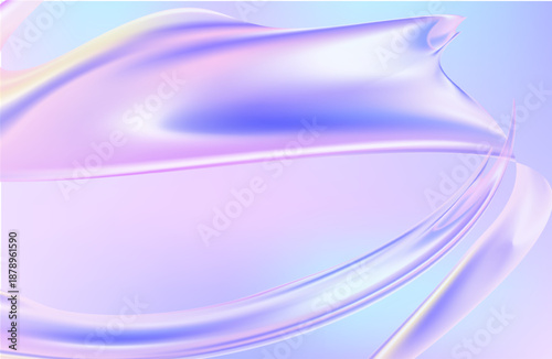 3D render of an abstract nature landscape featuring a transparent glossy glass ribbon floating on water. Holographic curved wave in dynamic motion with iridescent gradient reflections. Modern minimal 