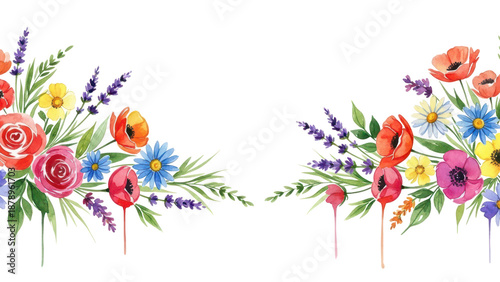 watercolor illustration of colorful flowers in wide border   Generative AI