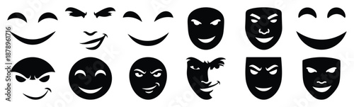 Set of smirk face silhouette art. Funny large pack of vector silhouette design and isolated on white background