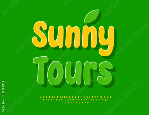 Vector Summer badge Sunny Tour. Round Artistic Font. Cute Yellow Alphabet Letters and Numbers.