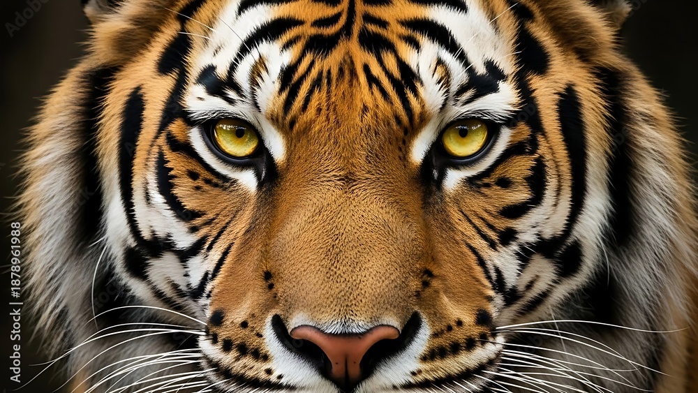 Obraz premium Hyper-realistic tiger face close-up, intense eyes, orange and black stripes, cinematic lighting, ultra sharp focus, wildlife photography