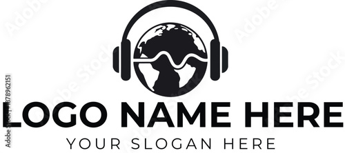 Global audio logo vector with stylized globe, waveform, and headphones for podcast, music, or media branding