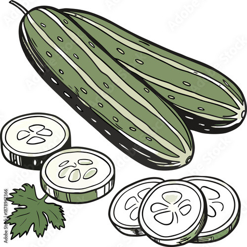 Four fresh cucumbers, along with two cucumber slices, are depicted in a watercolor-style illustration, set against a transparent background. The cucumbers, the main subjects, are positioned diagonally