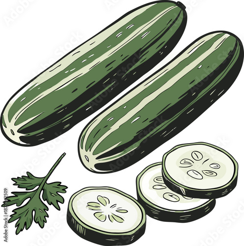 Four fresh cucumbers, along with two cucumber slices, are depicted in a watercolor-style illustration, set against a transparent background. The cucumbers, the main subjects, are positioned diagonally
