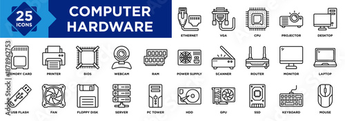 Computer Hardware icon collection set. Containing Printer, Memory Card, Laptop, Keyboard, Router, Scanner, Monitor, Ethernet, Webcam, Power Supply icon