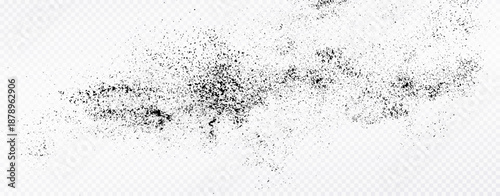 Black dust particles explosion effect on transparent background. Grunge texture overlay with flying specks and gritty granules.