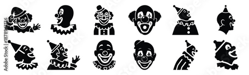 Set of funny clown giggle silhouette art. Funny large pack of vector silhouette design and isolated on white background