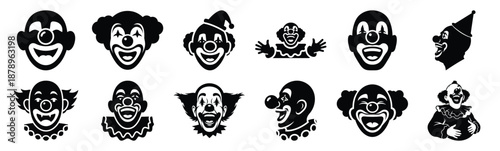 Set of funny clown laugh silhouette art. Funny large pack of vector silhouette design and isolated on white background