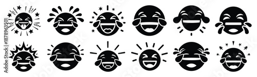 Set of funny emoji laugh burst silhouette art. Funny large pack of vector silhouette design and isolated on white background