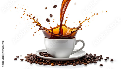 Dynamic Splash of Dark Coffee Pouring into a White Ceramic Cup Surrounded by Roasted Coffee Beans on a White Background with Dramatic Lighting Highlighting the Droplets and Swirls