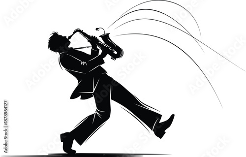 Dynamic silhouette of a sharply dressed musician passionately playing a saxophone emitting abstract sound waves illustrates musical performance