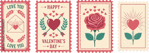 Collection of four stylized postage stamps with romantic and Valentine's Day themes, featuring hearts, roses, and envelopes