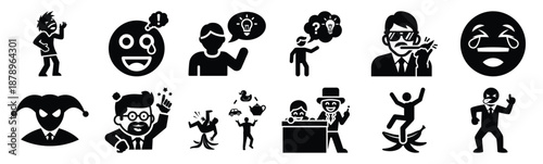 Set of joke comic fun silhouette art. Funny large pack of vector silhouette design and isolated on white background