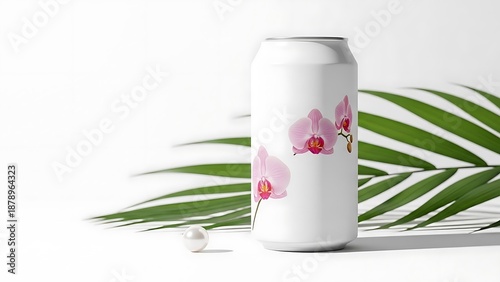 Wallpaper Mural A white can featuring pink orchids and palm leaf on white, with a pearl Torontodigital.ca