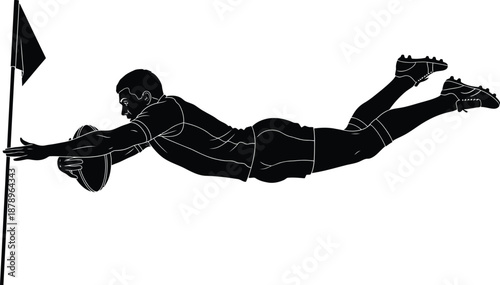 Silhouette of a determined rugby player diving full stretch to score a vital try near the corner flag during intense competition