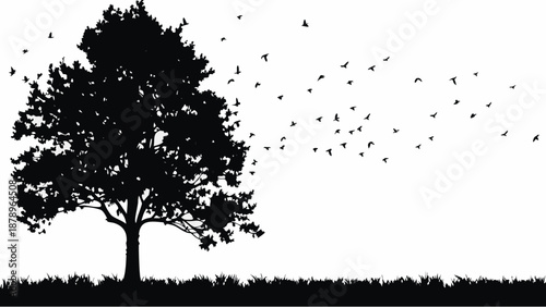 Serene tree silhouette with birds flying away in peaceful landscape