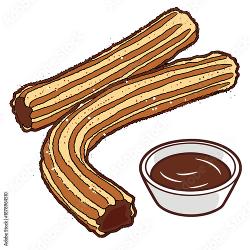 Churros with Chocolate Dipping Sauce Vector Illustration