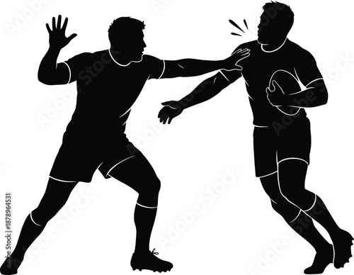 Silhouette graphic depicts a dynamic moment during a rugby match where one player attempts to fend off an approaching opponent while clutching the ball.