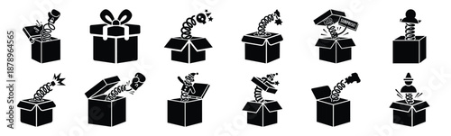 Set of joke surprise box silhouette art. Funny large pack of vector silhouette design and isolated on white background