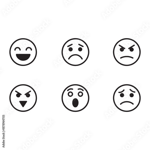 Minimalist Face Expressions Vector Set Happy, Sad, Angry, Surprised, Confused