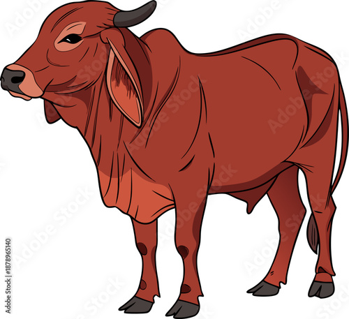 Create a realistic image of a fully grown Red Brahman bull standing sideways. The bull should have a muscular build, a distinct hump over the shoulders, large hanging ears, loose skin, and a sleek red