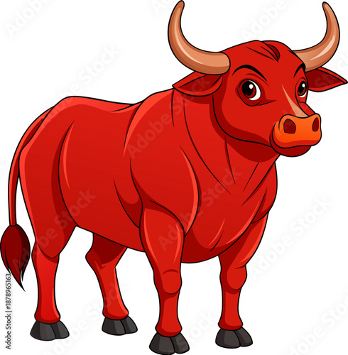 Create a realistic image of a fully grown Red Brahman bull standing sideways. The bull should have a muscular build, a distinct hump over the shoulders, large hanging ears, loose skin, and a sleek red