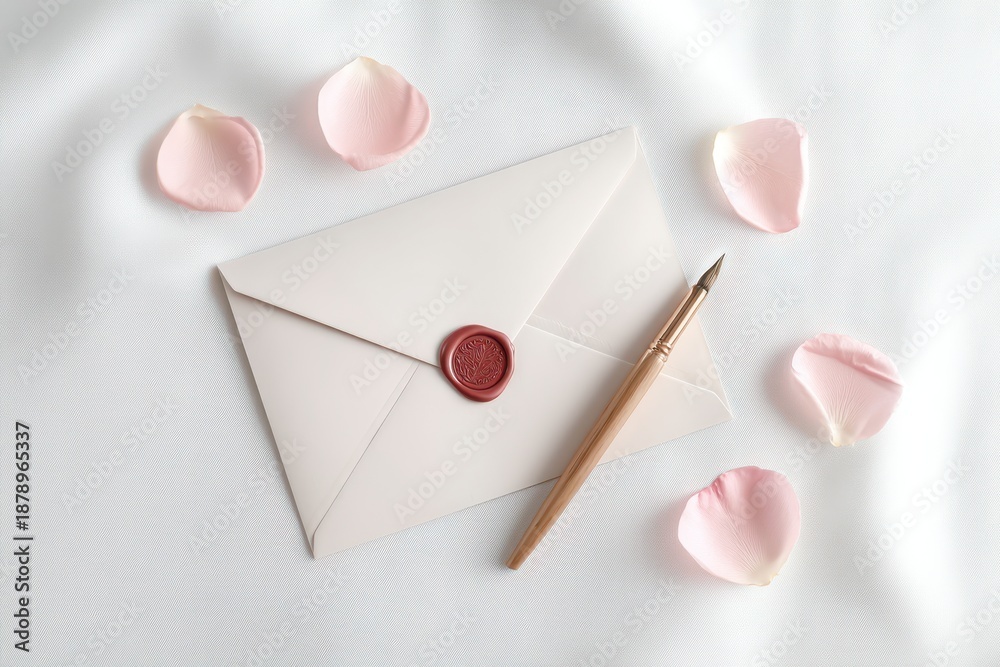 custom made wallpaper toronto digitalWhite envelope with a red stamp on it sits on a table with a pen. Valentine's day.