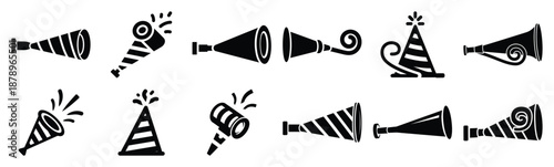 Set of party horn silhouette art. Funny large pack of vector silhouette design and isolated on white background