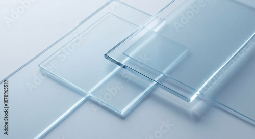Minimal abstract background with overlapping transparent glass panels in cool blue tones
