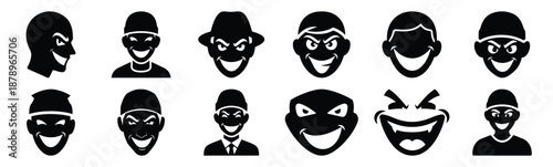Set of prank silly grin silhouette art. Funny large pack of vector silhouette design and isolated on white background