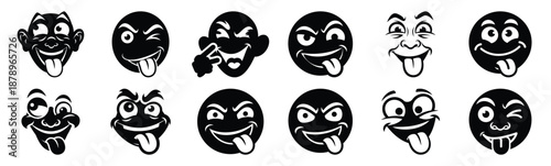 Set of prank silly face silhouette art. Funny large pack of vector silhouette design and isolated on white background
