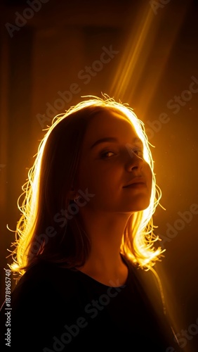 Young woman looking thoughtfully with backlight in warm tones  