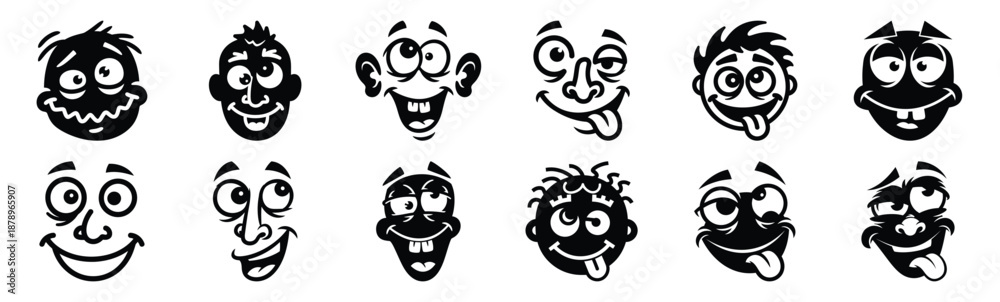 Fototapeta premium Set of silly doodle face silhouette art. Funny large pack of vector silhouette design and isolated on white background