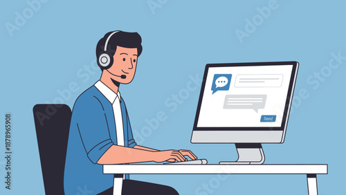 Man Wearing Headset Working on Computer.