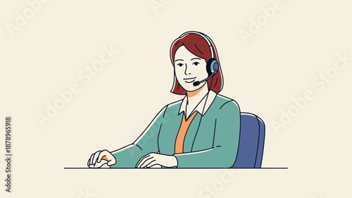 Woman Wearing Headset at Desk.