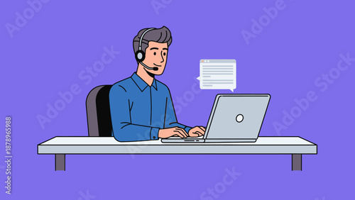 Man Wearing Headset Working on Laptop.