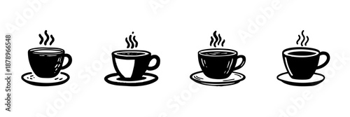 Steaming Coffee Cups In Hand Drawn Style Set. Warm Beverage, Relaxation, Coffee Break Doodle Sketch Collection. Cozy Morning Ritual. Isolated Vector Illustration