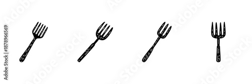 Four Forks In Hand Drawn Style Set. Culinary Utensils, Dining Tools, Kitchenware Doodle Sketch Collection. Rustic Table Setting. Isolated Vector Illustration
