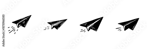 Paper Airplane Icons In Hand Drawn Style Set. Communication, Creativity, And Freedom Doodle Sketch Collection. Symbolizing Ideas And Innovation. Isolated Vector Illustration
