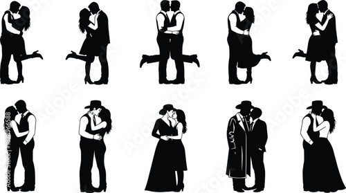 Romantic couple silhouette set kissing hugging love relationship intimate poses isolated on white background illustration