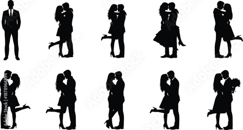 Romantic couple silhouette set man and woman hugging kissing love relationship poses isolated on white background illustration