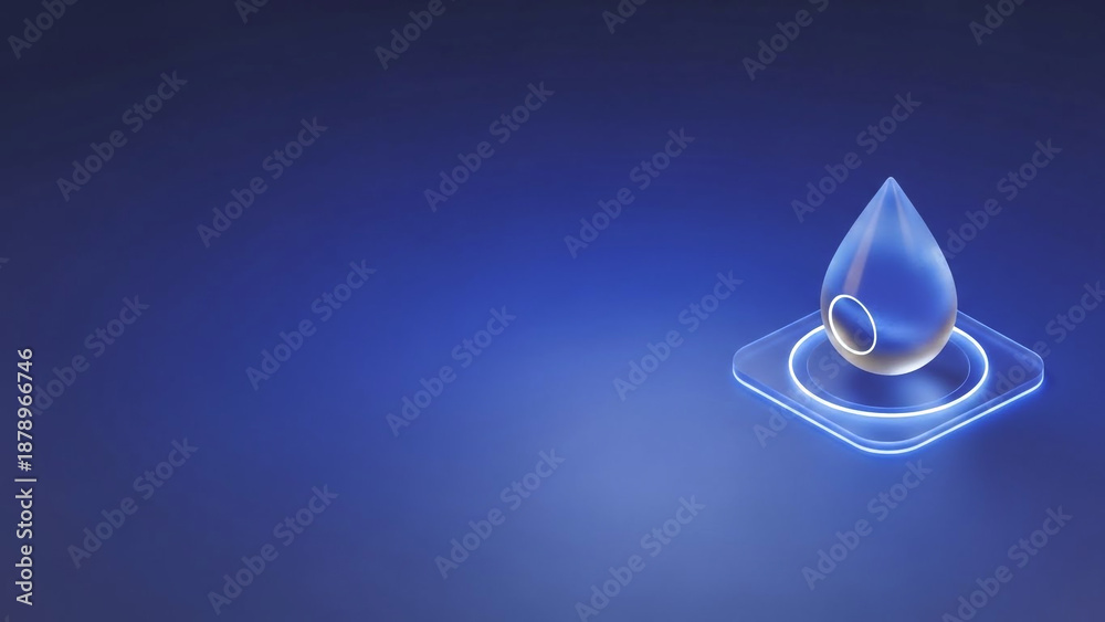 Fototapeta premium Digital water droplet icon with glowing effect on blue gradient background